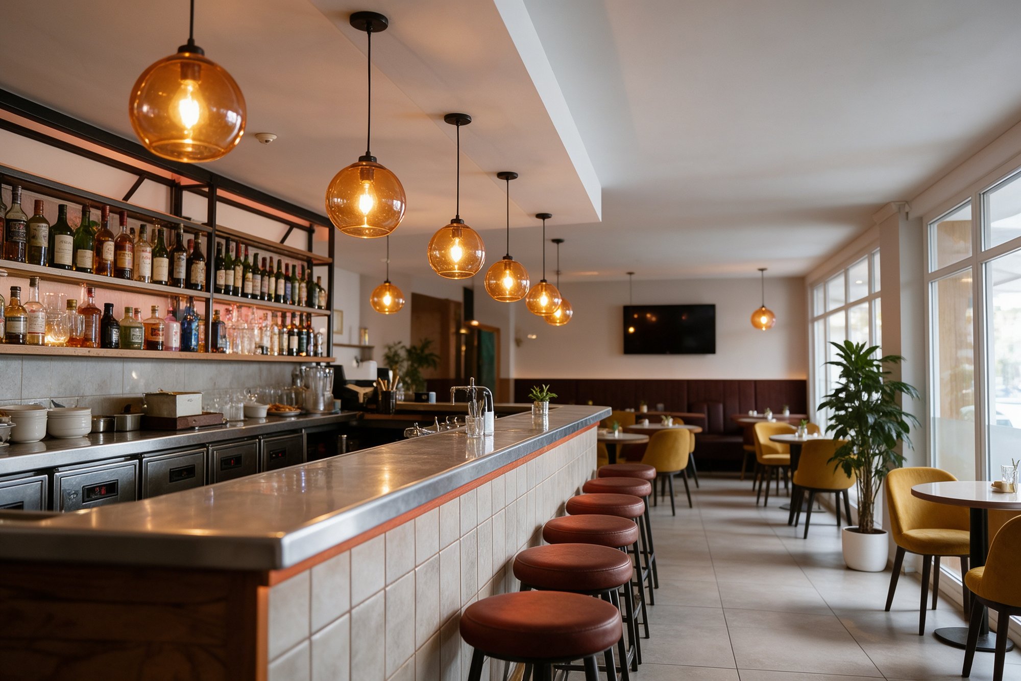 Comedor moderno de gastrobar con lámparas ámbar, barra y botellería iluminada