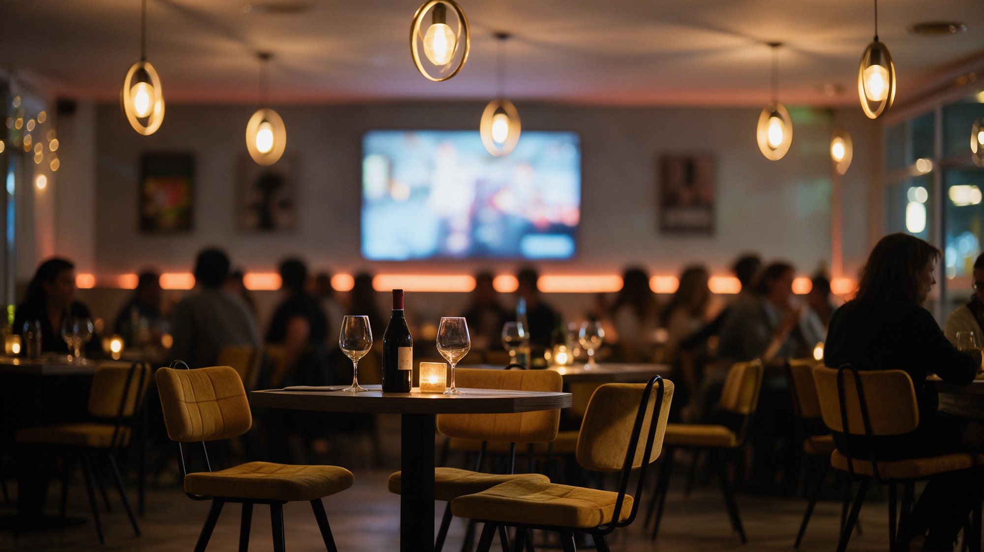 Comedor moderno de gastrobar al anochecer con lámparas doradas y comensales desenfocados
