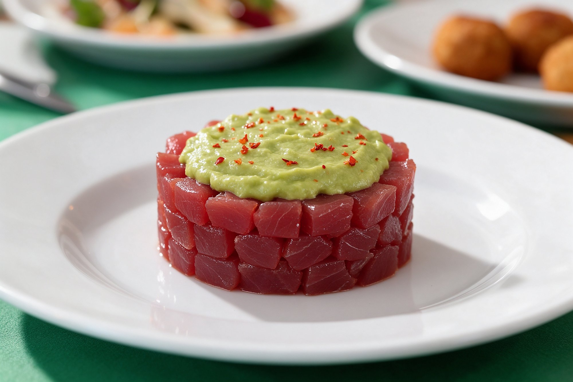 Tartar de atún rojo con guacamole y copos de chile sobre plato blanco
