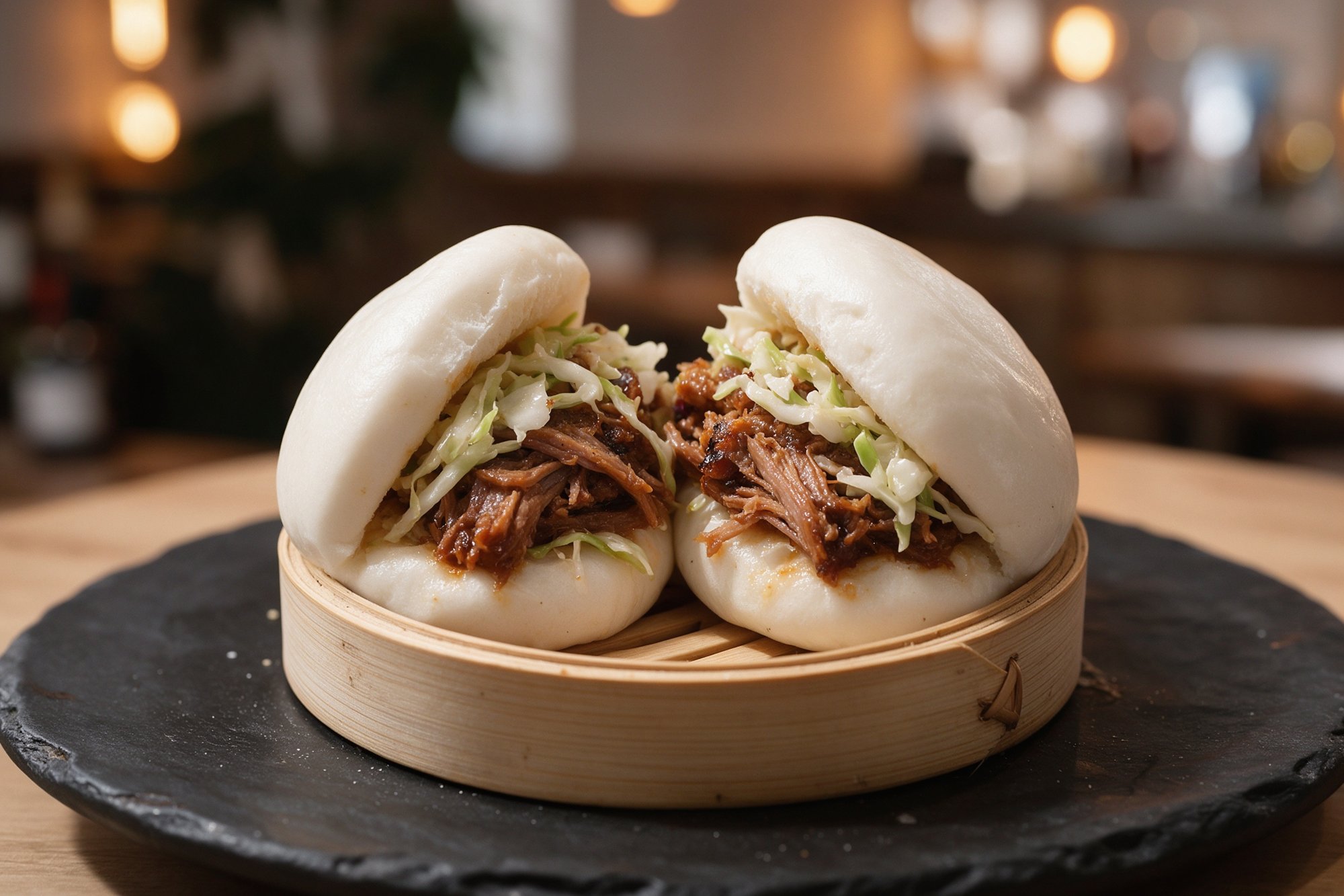 Dos pan bao al vapor rellenos de carne a la BBQ y verdura en vaporera de bambú