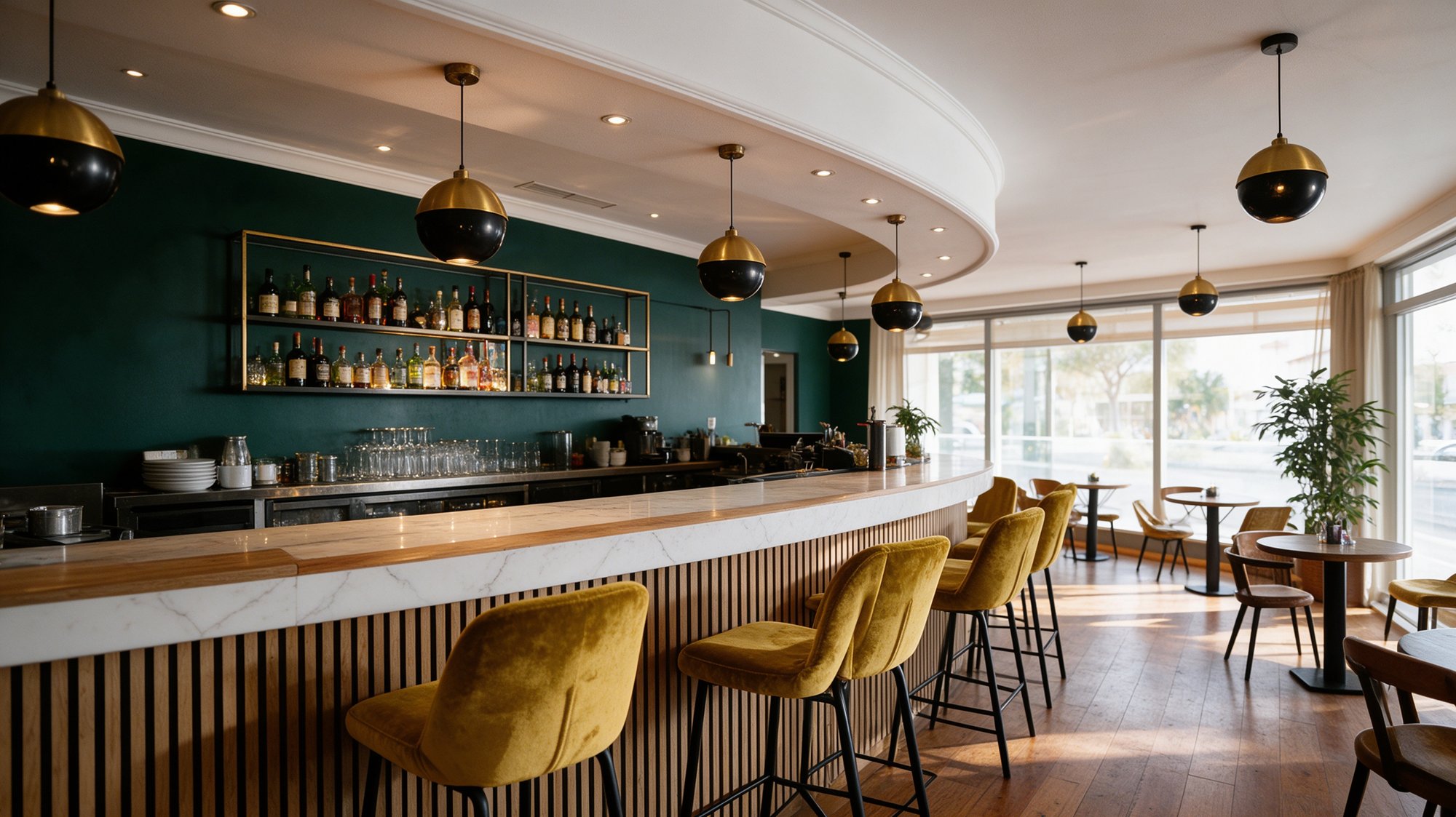 Barra moderna de gastrobar con pared verde, taburetes mostaza y lámparas doradas